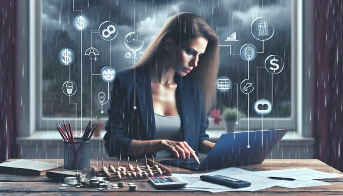 How to Budget After a Debt Consolidation Loan | DCL Focused individual in a rainy UK home office reviews financial spreadsheets on a laptop, surrounded by income charts, expense trackers, and a calculator for budget planning.