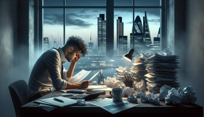 Bad Credit Debt Consolidation: Real Examples: Key Tips | DCL Stressed individual reviewing documents at cluttered desk with bills, transitioning to serene scene of financial freedom with ledgers and London skyline at dusk.
