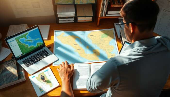 A traveller researches Belize at a sunlit desk, surrounded by vibrant maps, open laptops with forums, and books on local customs.