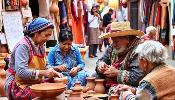 Artisans in traditional attire craft pottery and textiles in San Miguel de Allende's bustling market, with elders sharing cultural heritage.