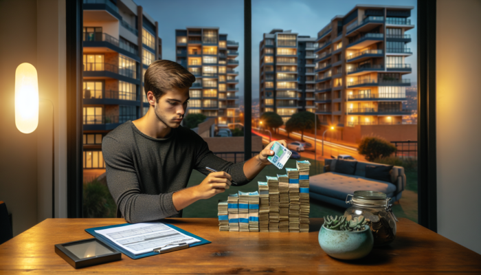A young tenant in Benoni stacks cash for a security deposit while reviewing documents at a cozy apartment table.