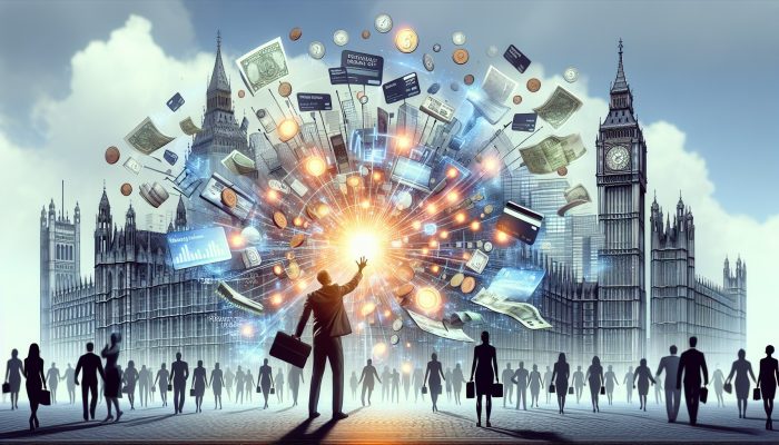 Debt Consolidation and Gambling Debt: UK Help | DCL Determined individual in UK cityscape with Big Ben merges chaotic debt symbols like cards and bills into a glowing loan, symbolising financial hope.