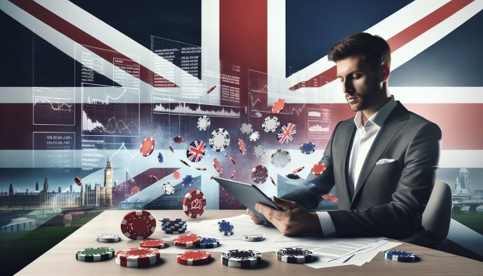 Debt Consolidation and Gambling Debt: UK Help | DCL A determined person in a modern London office, surrounded by gambling chips and bills, reviews a debt consolidation document on a tablet under a Union Jack flag.