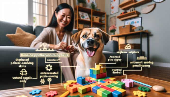 Contented dog solving colorful puzzle toy in cozy living room, watched by smiling owner.