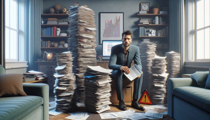 Debt Consolidation for Single Parents in Debt | DCL A stressed single parent in a cluttered UK living room reviews debt documents amid bills, warning signs, and credit scores on a computer.