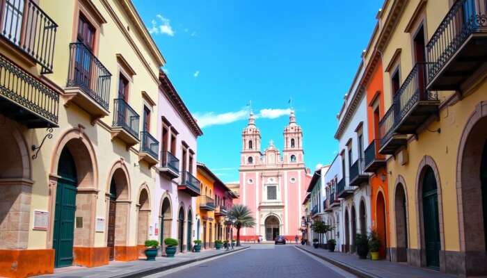 San Miguel de Allende street scene with pastel colonial buildings, wrought-iron balconies, arched doorways, cobblestone streets, and pink church spires under a blue sky.