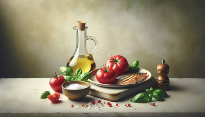 Still-life of a minimalist plate with ripe tomatoes, basil, olive oil, sea salt, and grilled fish, highlighting natural colours and textures in soft light.