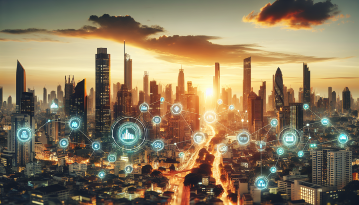 Urban map highlighting prime property hotspots with glowing markers on bustling cityscapes, skyscrapers, and diverse neighborhoods under a golden sunset.