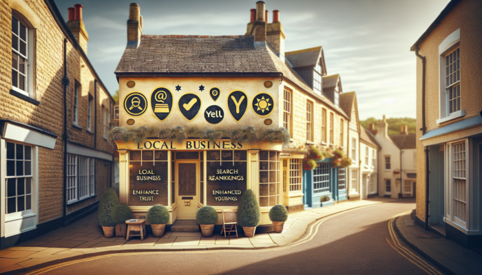 Quaint high street in Stow-on-the-Wold with a vibrant small business storefront, accurate NAP details on a sign, and Yell, Thomson Local icons.
