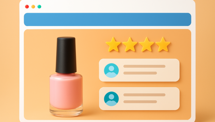 Dynamic e-commerce page for Nailsea business: central product image with bold star ratings and enthusiastic customer reviews.