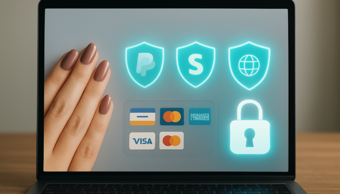 Contemporary checkout interface featuring PayPal, Stripe, WorldPay icons, secure locks, and encryption shields.
