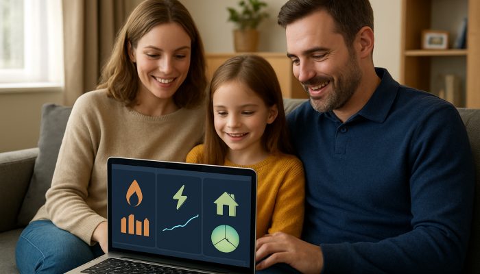 UK family viewing Octopus Energy app on laptop, showing single payment dashboard for gas, electricity bills.