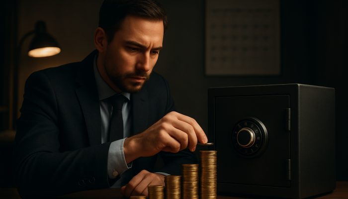 Entrepreneur stacking gold coins into vault in dimly lit office, with calendar marking slow months for financial buffer.