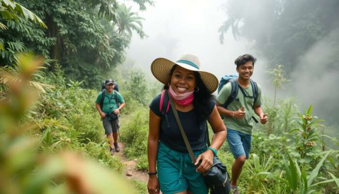 Adventurers trekking through misty Belize rainforests, interacting with cheerful locals and exotic wildlife, fostering cultural exchange and discovery.