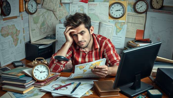 Stressed traveller at cluttered desk with maps, schedules, and brochures, anxiously checking smartphone as ticking clock indicates fatigue from planning challenges.