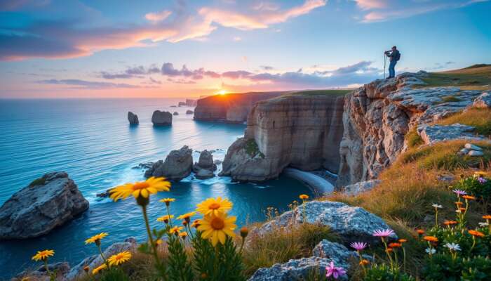 Photographer on a coastal cliff at dawn captures a vibrant sunrise over turquoise waters, with golden light illuminating wildflowers and rugged rocks, while avoiding crowds.
