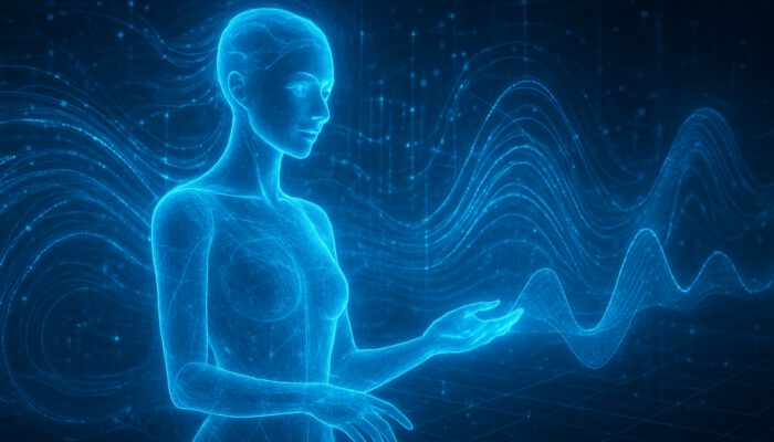 Predictive Forecasting: Glowing holographic virtual assistant analysing data streams to predict user needs in high-tech landscape.