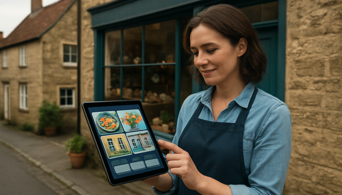 Local SEO In Ilchester: Shop Owner Updating Google My Business on Tablet, Showcasing Vibrant Photos and Hours.