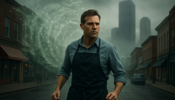 Determined Ilchester Business Owner Battling Swirling Code Storms and Looming Corporate Giants on a Bustling Street.