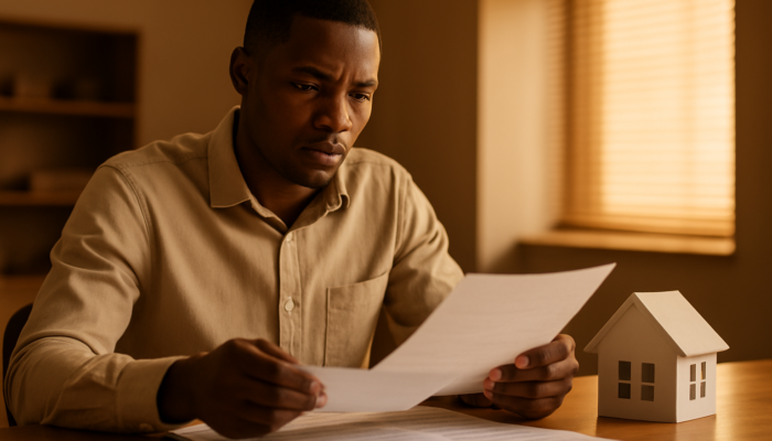 Focused South African applicant examining payslips and contracts for home loan in a bank.