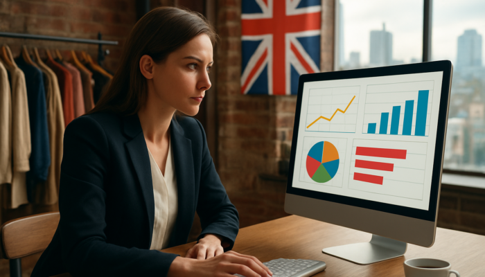 Determined entrepreneur in Manchester boutique examines rising Google Analytics charts with Union Jack background.
