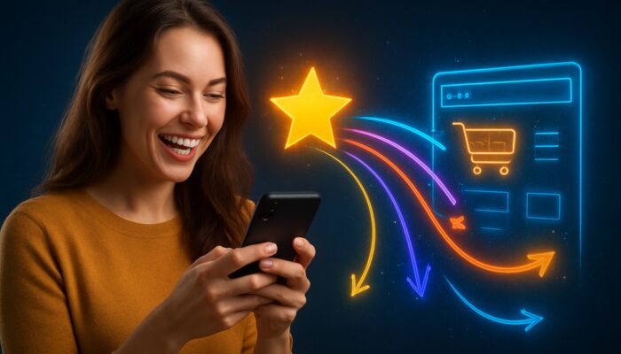 Satisfied customer on smartphone posting a review, with vibrant links to a thriving e-commerce site symbolising SEO growth.
