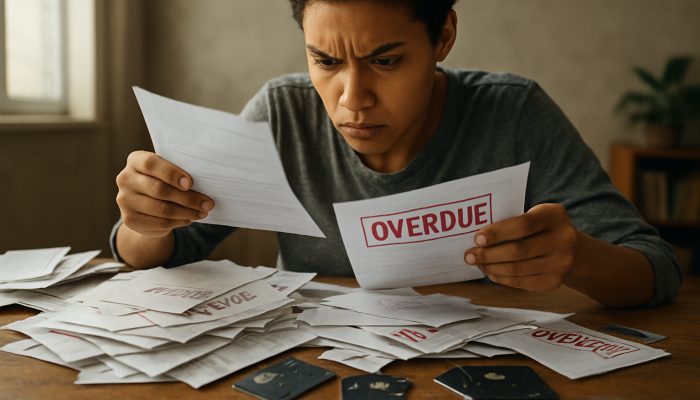An individual determinedly sorting overdue bills and broken credit cards on a cluttered desk, symbolising effective debt management despite bad credit.