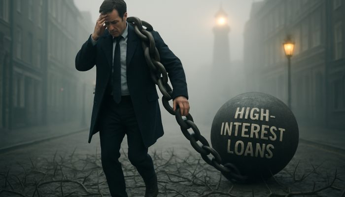 Stressed individual in a foggy London street, chained by high-interest loans, navigating through thorns towards a beacon of financial advice.