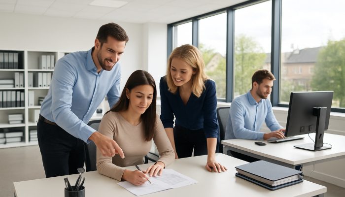 Modern office in Yeovil exhibiting immaculate desks, organised files, and focused employees benefiting from natural light.