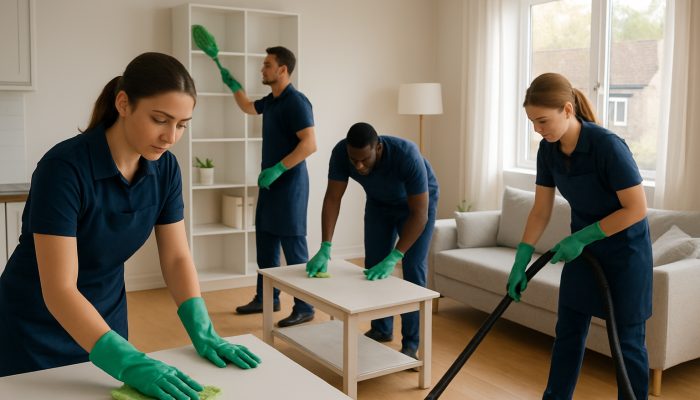 Professional cleaners in uniforms tidying a bright UK apartment using eco-friendly tools.