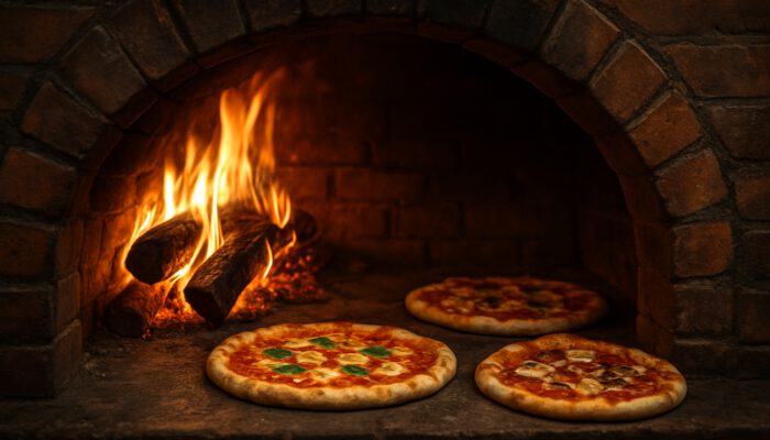 Rustic wood-fired oven glowing with oak, hickory, and ironbark logs over artisan pizzas in a cosy kitchen
