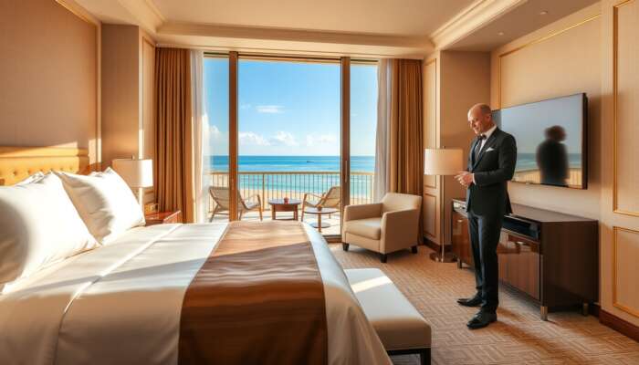 Luxurious Ritz-Carlton suite featuring plush silk bedding, smart screens, a balcony overlooking a private beach, and attentive concierge in golden light.
