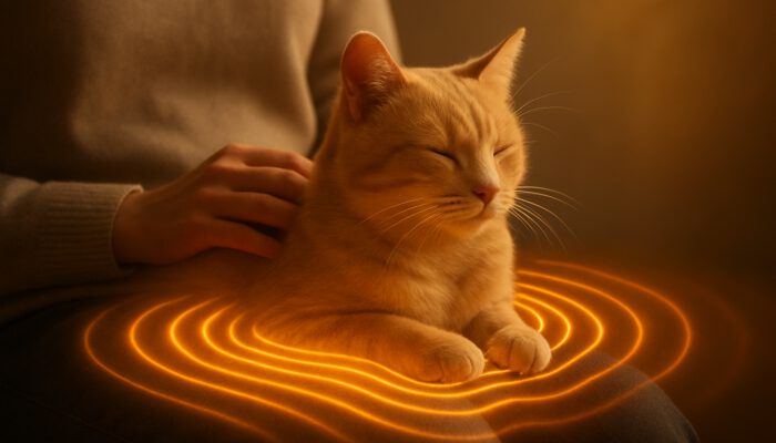Calm cat purring on a patient's lap, emitting glowing healing vibration waves beneficial for bones and muscles.