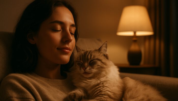 A person relaxing with a fluffy cat purring on their chest in a cosy lamplit room
