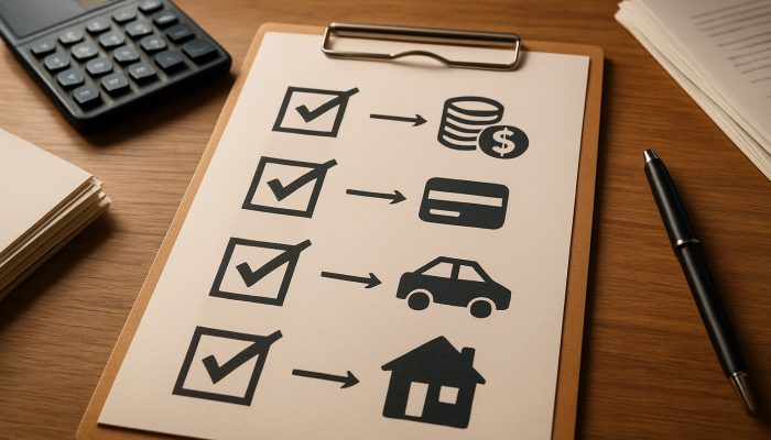 Checklist Before You Merge Any Debts: Key Points To Review | DCL Wooden desk checklist for merging debts with icons, calculator, and documents