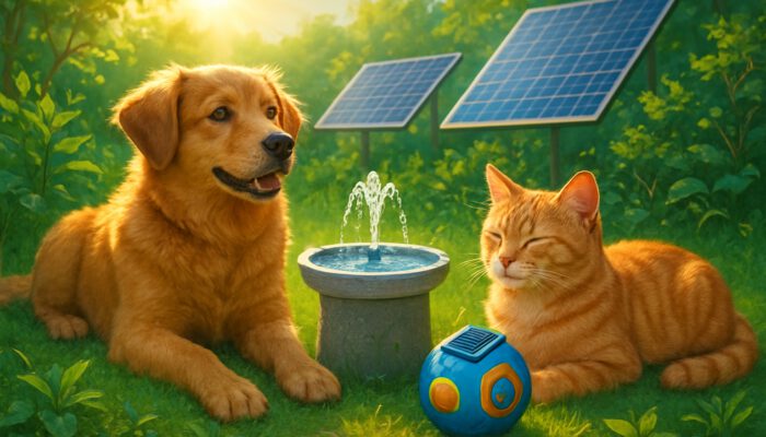 Dog and cat enjoying the sun with solar-powered pet gadgets in a garden featuring solar panels.