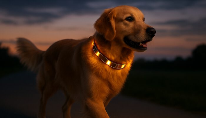 Golden retriever at dusk wearing a glowing solar-powered LED collar with solar panels for visibility.
