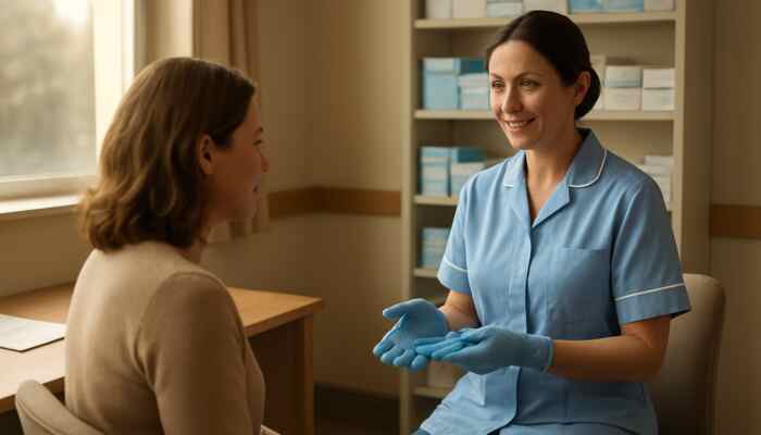 Friendly nurse advising a patient on sterile gloves in a welcoming British GP clinic with NHS shelves.