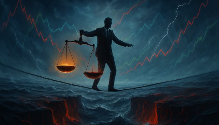 A surreal trader balancing glowing profit scales against crimson drawdown chasms on a stormy market sea with swirling charts
