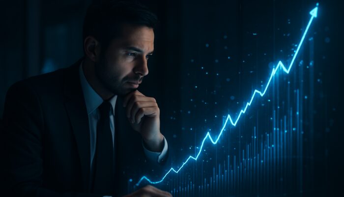 Trader examining glowing holographic charts of increasing profit-to-drawdown ratio in a dim office