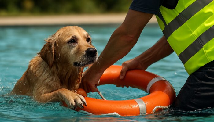 Individual rescuing a drenched golden retriever from a pool using a life ring in daylight