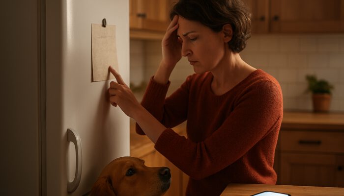Concerned pet owner reviews emergency vet contacts list on fridge with dog nearby