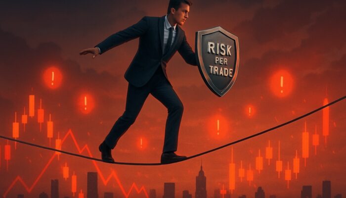 Trader balancing on a tightrope over candlestick charts while wielding a Risk Per Trade shield