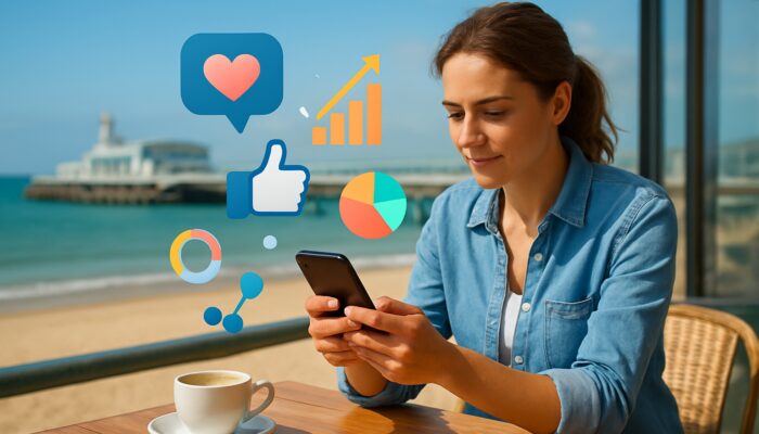 Small business owner formulating social media strategy on smartphone in Bournemouth beach café with charts and sea view