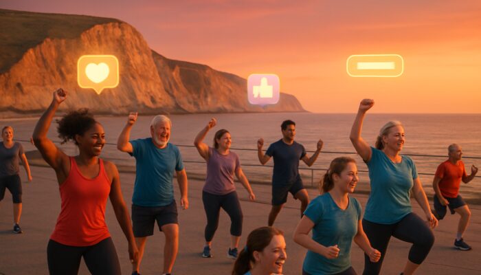Diverse locals participating in a coastal gym class in Dorset at dusk with Jurassic cliffs and marketing icons.