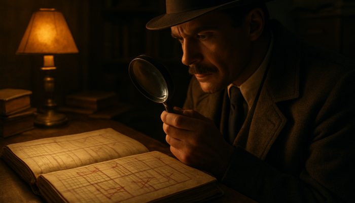 Vintage investigator scrutinising settled accounts in an old ledger using a magnifying glass