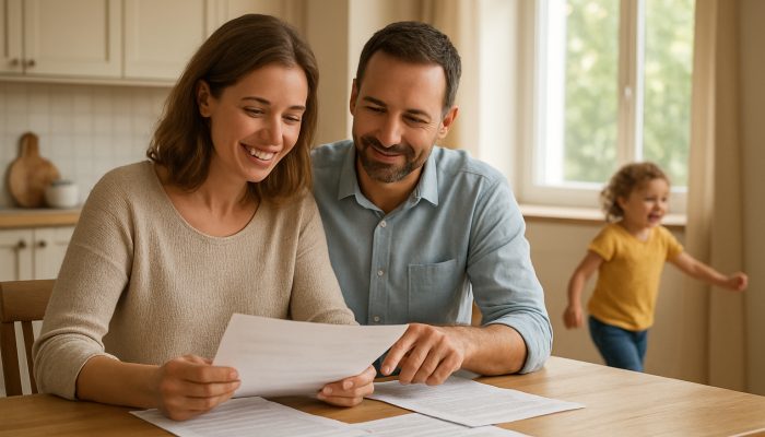 Co-parents review finances at a sunlit kitchen table with child playing nearby in stable home