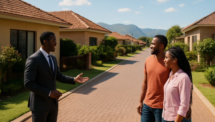Couple viewing modern homes on a bustling Thohoyandou street with a real estate agent under a sunny sky.