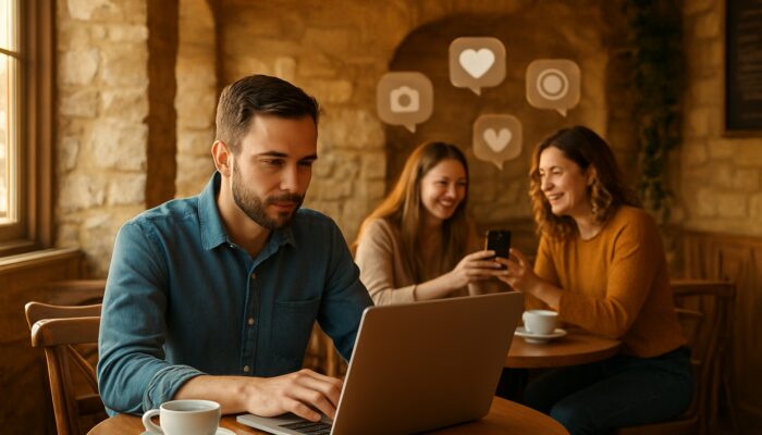 Café owner in Cirencester reviews Instagram posts on laptop surrounded by happy customers in warm light