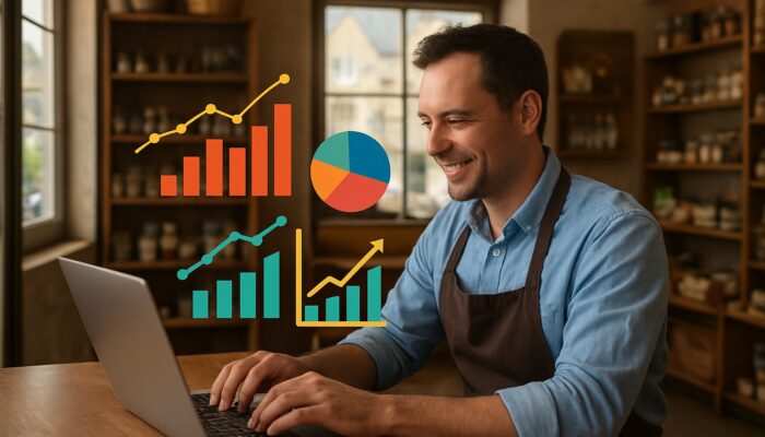Small business owner in Tidworth reviewing an analytics dashboard with engagement graphs in their store
